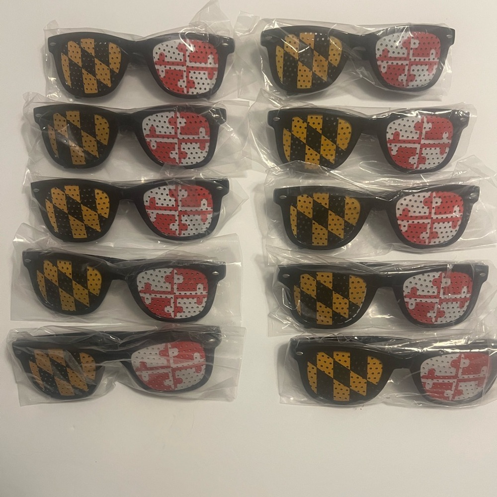 10 pairs of Maryland folding sunglasses. Game, tailgating, groomsmen gifts